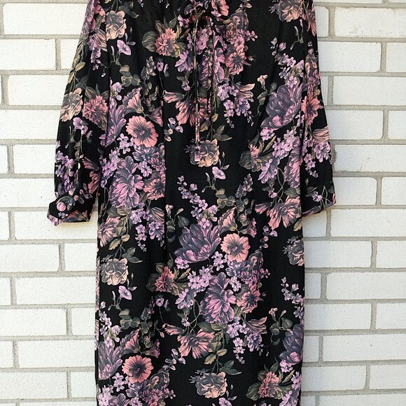 Vintage 60s Dress 40" Bust Black Pink Mauve Floral Drawstring Neckline - Picture 3 of 14